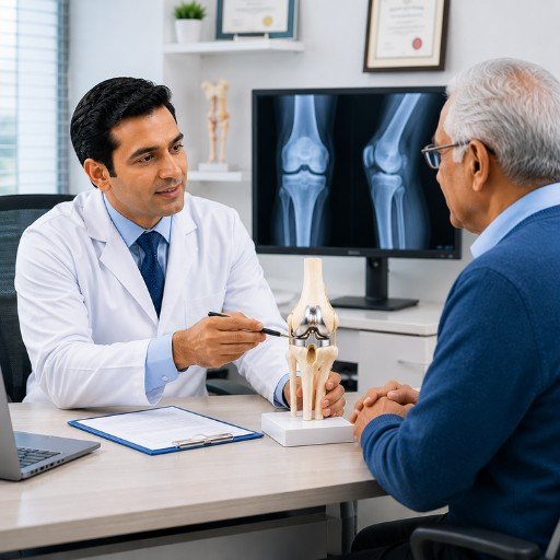 Doctor explaining knee model in clinic